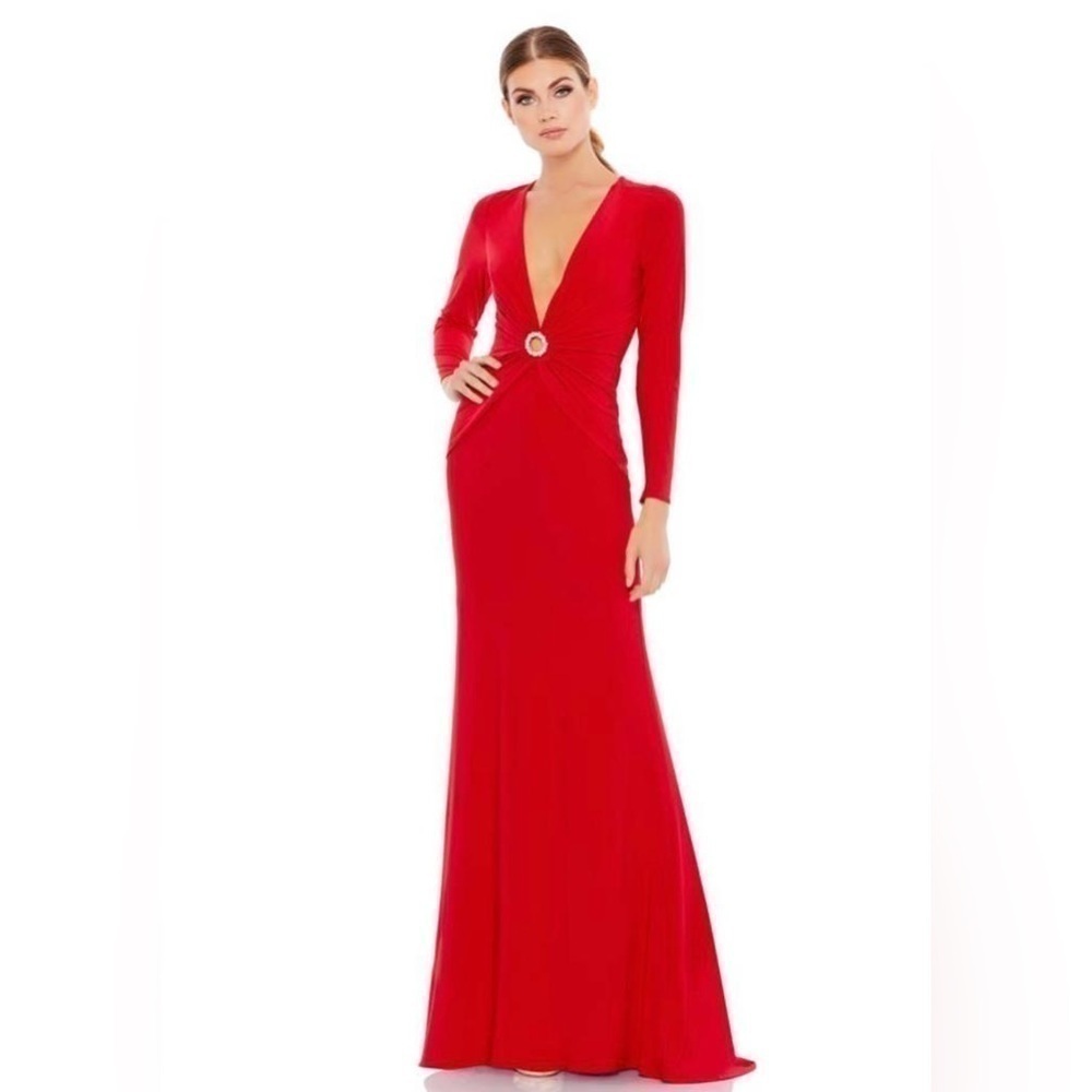 Nwt Ieena by Mac Duggal Gathered Pearl Long Sleeve  Keyhole Gown Dress in Red
